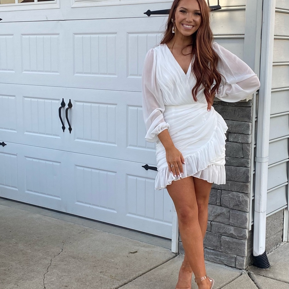 CAN I BE YOUR HONEY MINI DRESS - PLUNGE BALLOON SLEEVE DRESS IN WHITE